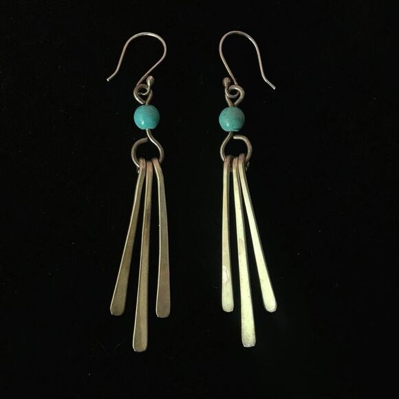 Vintage HOB MEXICO Sterling Silver Paddle Drop Turquoise Bead Dangle Earrings 3” - Picture 2 of 7